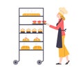 Baker or bakery sales person puts bread out of rack, flat vector isolated.