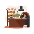 Baker baking bread in bakery wood fired oven, vector flat illustration