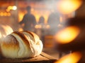 Baker baking fresh bread and pastry in the old town bakery in the morning, hot freshly baked products on shelves and the