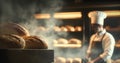 Baker baking fresh bread and pastry in the old town bakery in the morning, hot freshly baked products on shelves and the