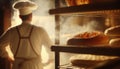 Baker baking fresh bread and pastry in the old town bakery in the morning, hot freshly baked products on shelves and the