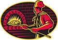 Baker Baking Pizza Wood Oven Woodcut Royalty Free Stock Photo