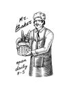 Baker with a basket of bread. Engraved hand drawn in old sketch and vintage style for label, logo and menu, bakery shop. Royalty Free Stock Photo