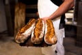 Baker with bread on wooden shovel coming out of the over in bakery shop. bread bakery concept with warm colors Royalty Free Stock Photo