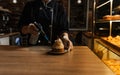 a baker burns protein cream on cakes with a gas burner in the kitchen of a bakery or cafe. close-up