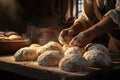 The baker chef knead the dough on the bread baking table