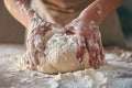 Baker chef is making with flour loaf of dough. Kneading dough. Generative AI