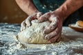 Baker chef is making with flour loaf of dough. Kneading dough. Generative AI