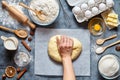 Baker chef mixing traditional dough bread, pizza or pie recipe ingridients