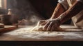 baker cook food flour dough hands kitchen knead chef pastry. Generative AI.