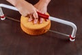 Baker cutting the top of cake with a serrated leveler cake Royalty Free Stock Photo