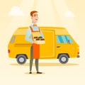 Baker delivering cakes vector illustration.