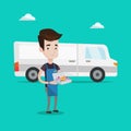 Baker delivering cakes vector illustration.