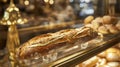 a baker handing baked baguette crafted with care, encased in a golden and glass packaging, within the cozy ambiance of a