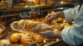 a baker handing baked baguette crafted with care, encased in a golden and glass packaging, within the cozy ambiance of a