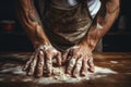Baker hands in kitchen. Generative AI.