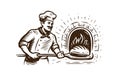 Baker holding baking pan into wood oven. Vector illustration in retro style