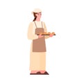 Baker holding fresh baked bread. Bake industry, production. Vector isolated illustration. Royalty Free Stock Photo