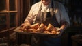 Baker holding a tray full of fresh croissants