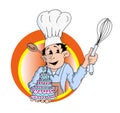 Baker holding wedding cake and whisk with spoon behind ear