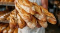 Baker holds fresh baked French baguettes. Homemade sourdough bread Royalty Free Stock Photo