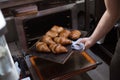 Baker holds tray with croissants in bakery oven