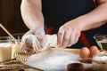 Baker knead dough bread, pizza or pie recipe ingredients with hands, food on kitchen table background, working with milk, yeast, f Royalty Free Stock Photo