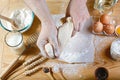 Baker knead dough bread, pizza or pie recipe ingredients with hands, food on kitchen table background, working with milk, yeast, f Royalty Free Stock Photo