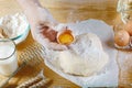 Baker knead dough bread, pizza or pie recipe ingredients with hands, food on kitchen table background, working with milk, yeast, f Royalty Free Stock Photo