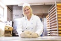 Baker kneading dough in bakery