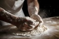 A baker kneading dough on a flour-dusted surface, preparing it for baking. Generative AI