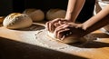 Baker Kneading Dough, Fresh Bread Making, Artisan Baking Process Royalty Free Stock Photo