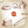 Baker making fresh bread in stone oven, sesame bagel, fresh baguette and flour sack. Royalty Free Stock Photo