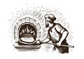 Baker making fresh bread in stone oven. Sketch style hand drawn vintage vector illustration