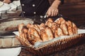 Baker making turkish pita bread in tandoor, clay oven. Baking process. Many fresh hot bread in the basket. Royalty Free Stock Photo