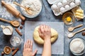 Baker mixing dough bread, pizza or pie recipe ingridients, food flat lay Royalty Free Stock Photo