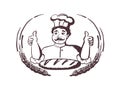 Baker portrait showing thumbs up by two hands, bakery logotype