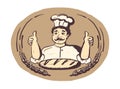 Baker portrait showing thumbs up two hands, bakery logotype Royalty Free Stock Photo