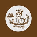 Baker portrait showing yummy cake and thumbs up, best baked good lettering, bakery logotype