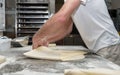 The baker prepares bread dough