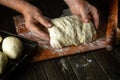 The baker prepares the dough for baking buns. The concept of baking confectionery for hot dogs in the bakery Royalty Free Stock Photo