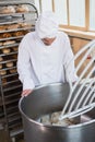 Baker preparing dough in industrial mixer