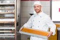 Baker presenting a tray of fresh dough in bakery Royalty Free Stock Photo