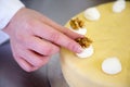 Baker puts walnut on cake in bakery Royalty Free Stock Photo