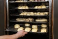 Baker putting tray with pastries into oven Royalty Free Stock Photo