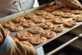 baker removing a sheet pan of cookies using oven gloves