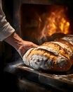 A baker removing some delicious bread from oven - Food design