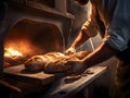 A baker removing some delicious bread from oven - Food design