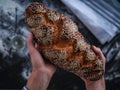 Baker`s hands hold fresh bread