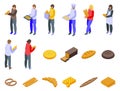 Baker selling bread icons set isometric vector. People shop pastry Royalty Free Stock Photo